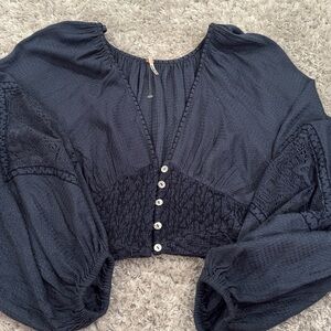 Free People Navy Long Sleeve Top